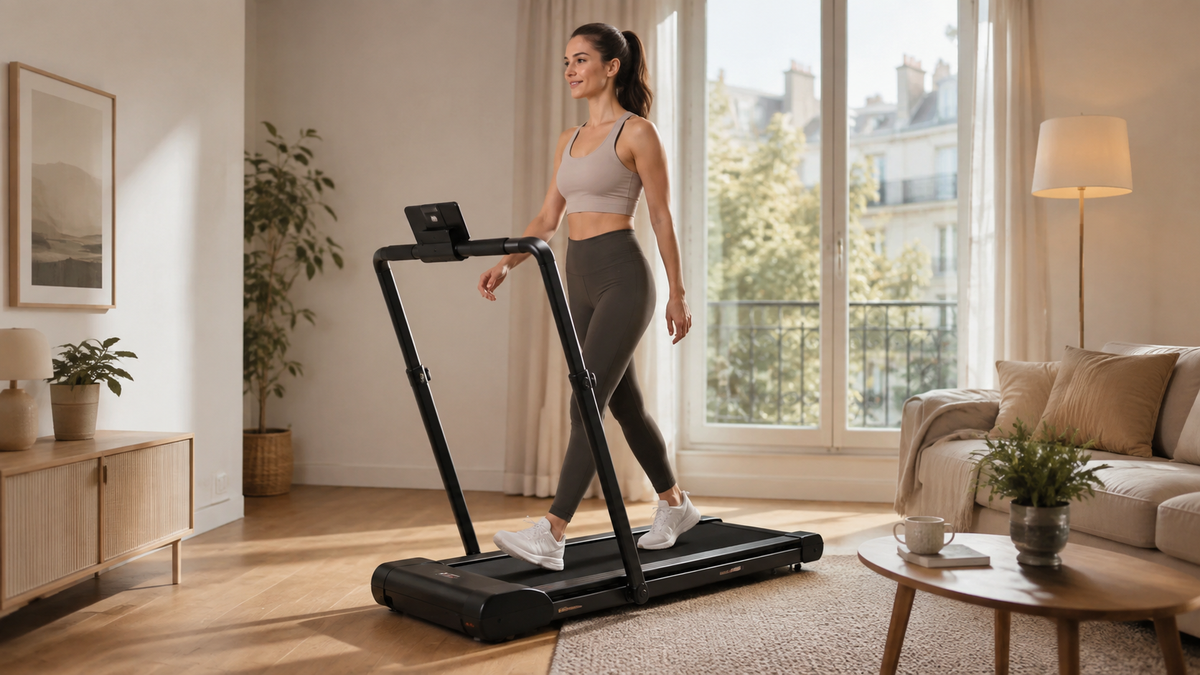 Femme marchant sur un tapis de course pliable dans un appartement en 2026 Image