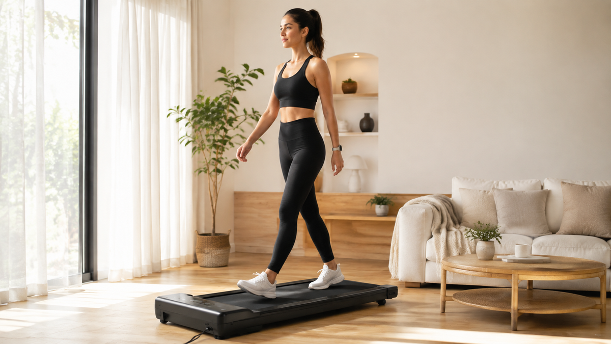 Femme utilisant un tapis de marche à domicile pour rester active et accompagner sa perte de ventre. Image