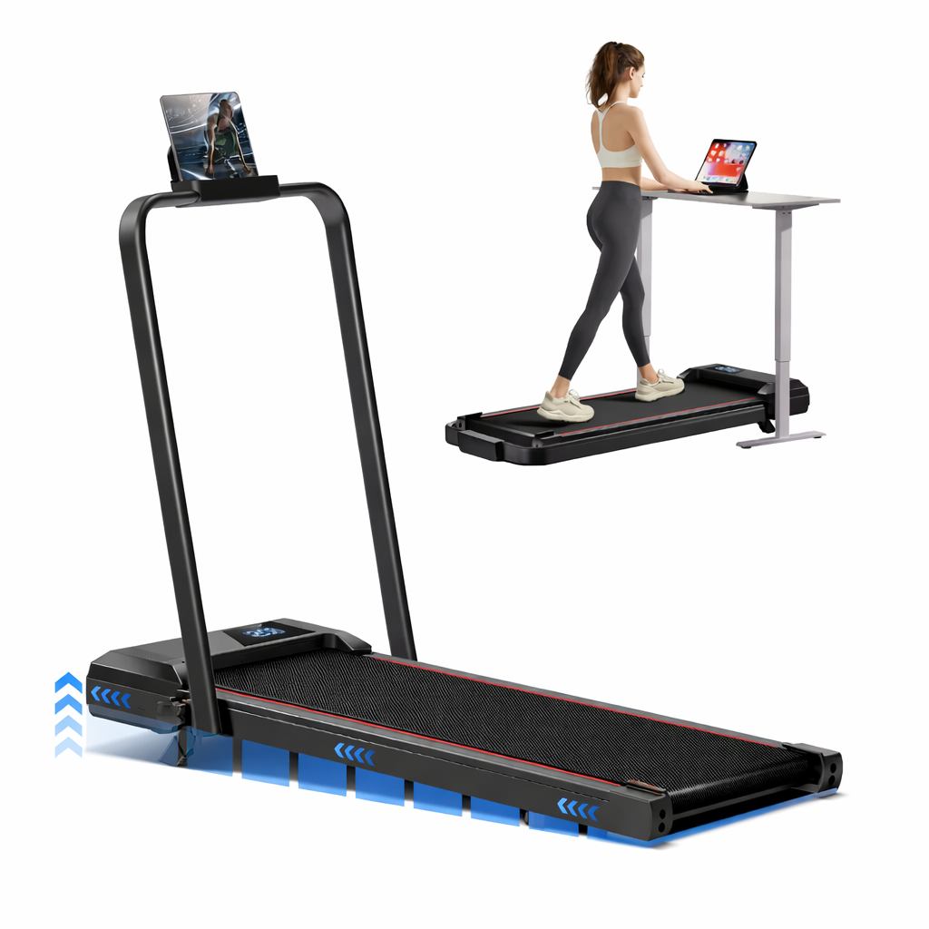 Tapis de course RUNVIA T01 avec support tablette, présenté pour courir à domicile et marcher sous un bureau. Inclinaison 15% et jusqu'a 10,5km/h tapis de course pas chers
