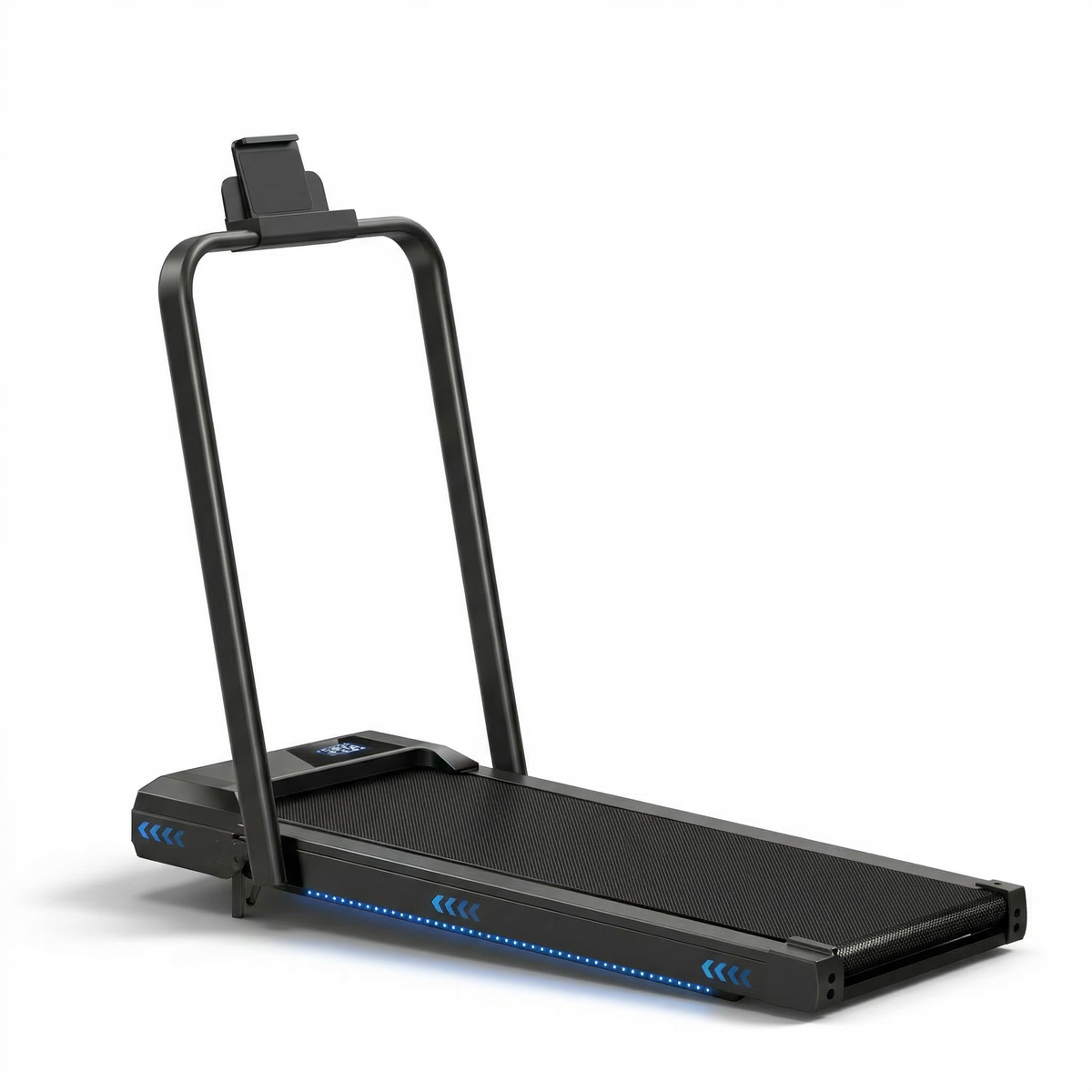 Tapis de course inclinable RUNVIA T01 noir vu de trois quarts, avec support tablette et vitesse maximale de 10,5 km/h.