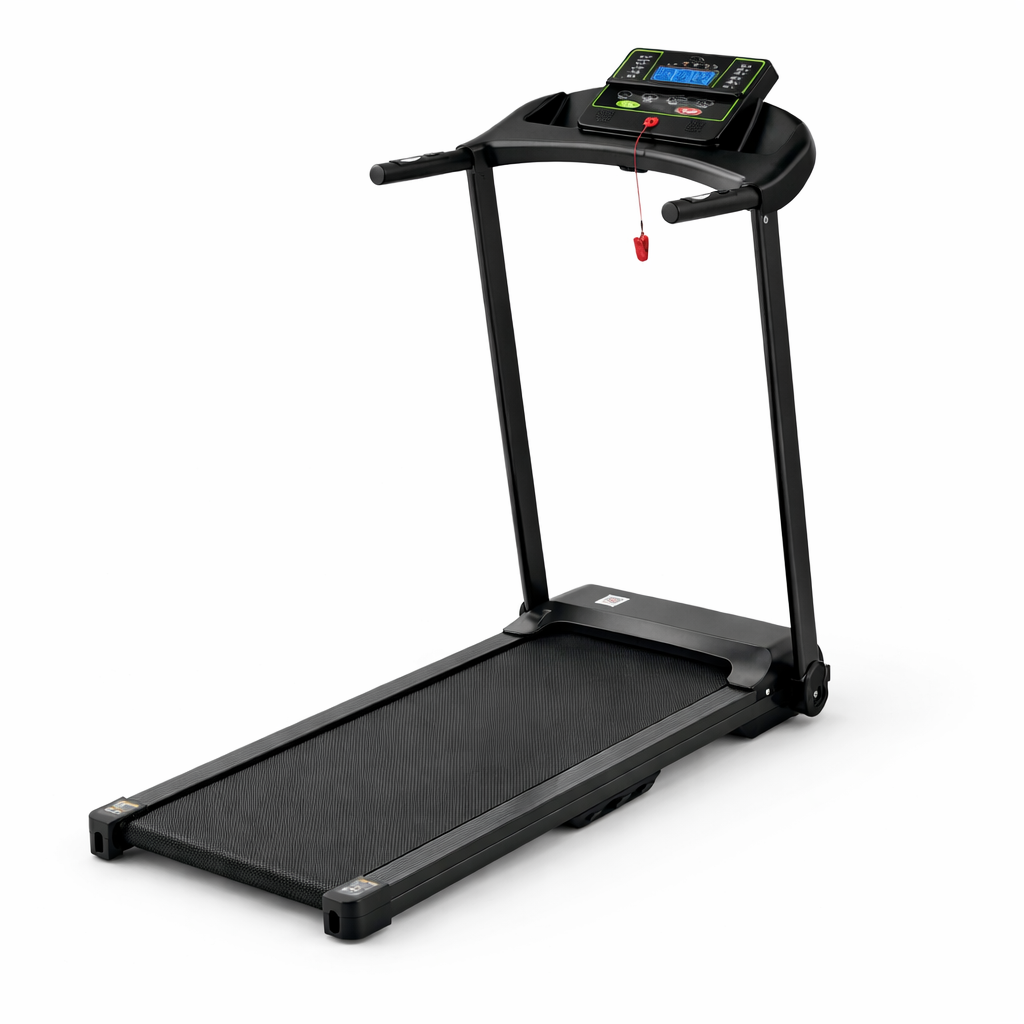 Tapis de course haute performance RunVia T06 noir avec écran LCD tactile, inclinaison automatique et clé de sécurité pour running sécurisé