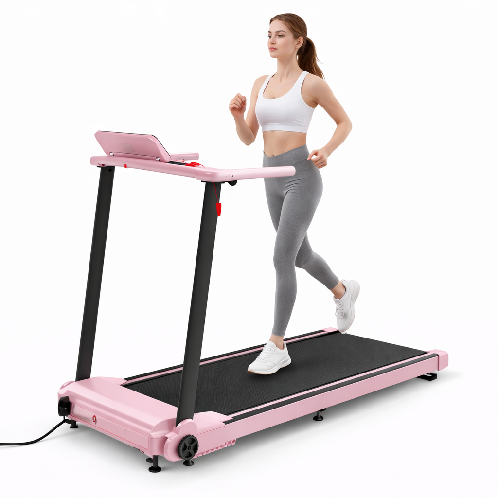 Femme courant sur un tapis de course pliable RunVia rose, design moderne et compact pour le fitness à domicile.