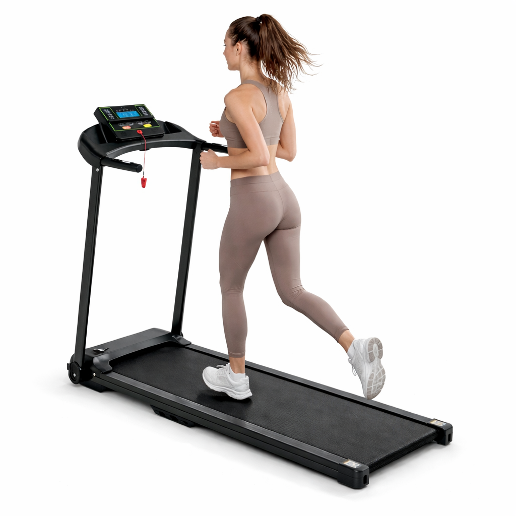 Femme courant sur le tapis de course pliable RunVia T06, vitesse jusqu'à 12 km/h, console de bord avec programmes cardio pour sport à domicile.