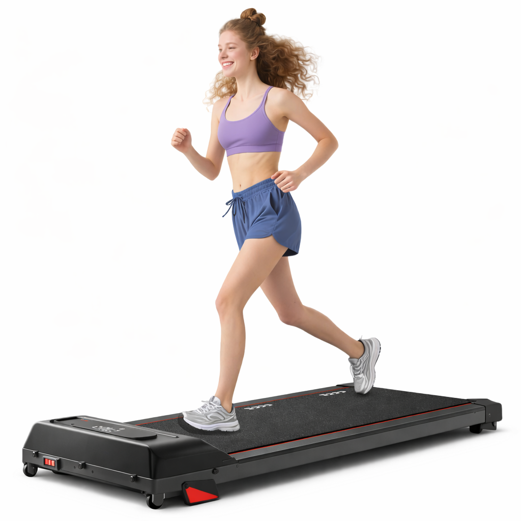 Utilisation du tapis de marche RunVia W04 sous un bureau, inclinaison 4% et vitesse 6km/h pour rester actif en travaillant