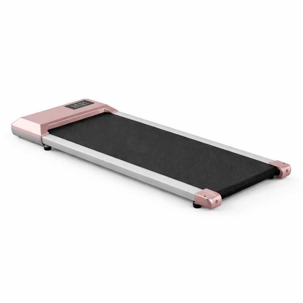 Tapis de marche inclinable RunVia W02 utilisé sous un bureau assis-debout pour le télétravail, vitesse 6 km/h et design compact