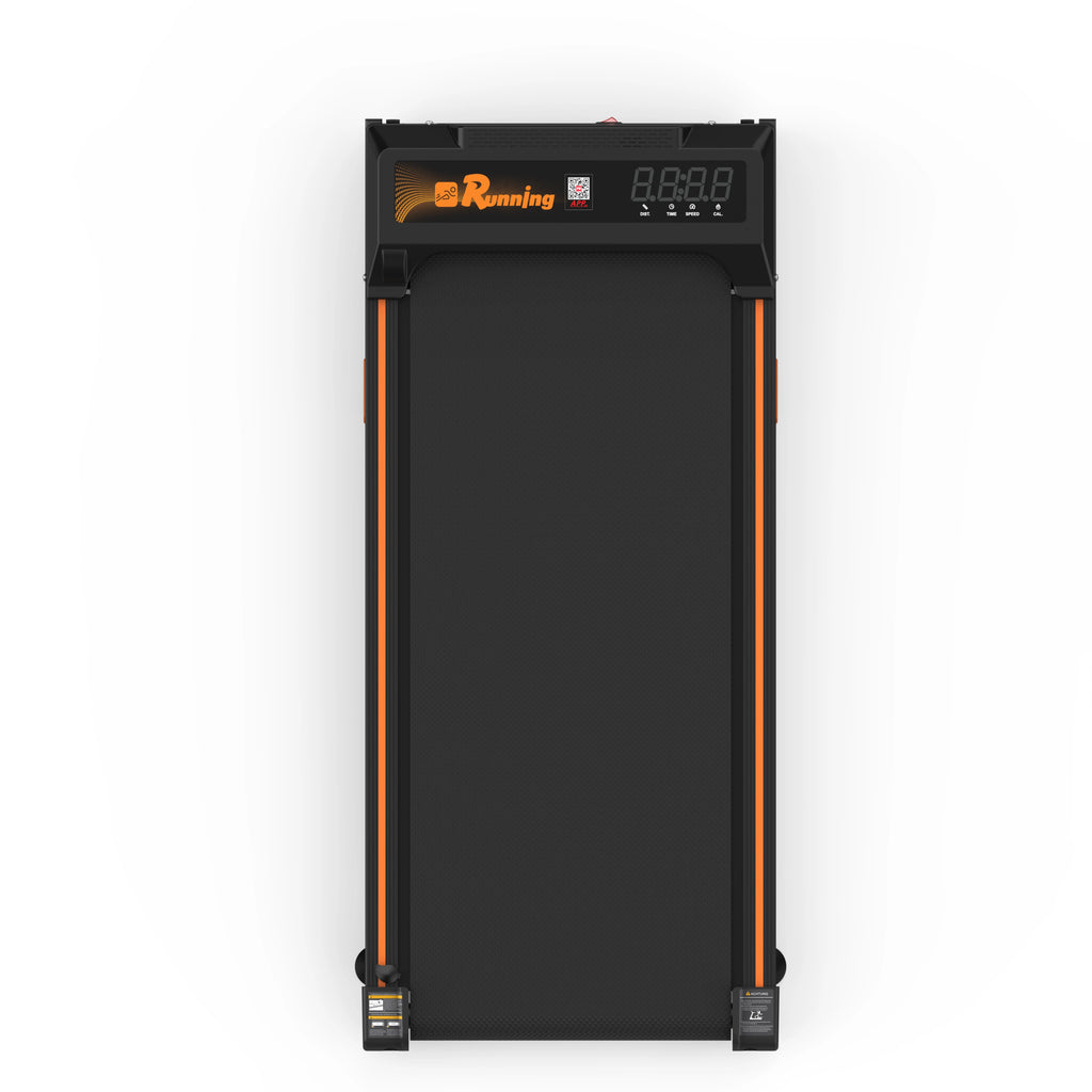 Vue de dessus du tapis de marche compact RunVia W02 orange : console LED intégrée, bande de course antidérapante et design ultra plat.