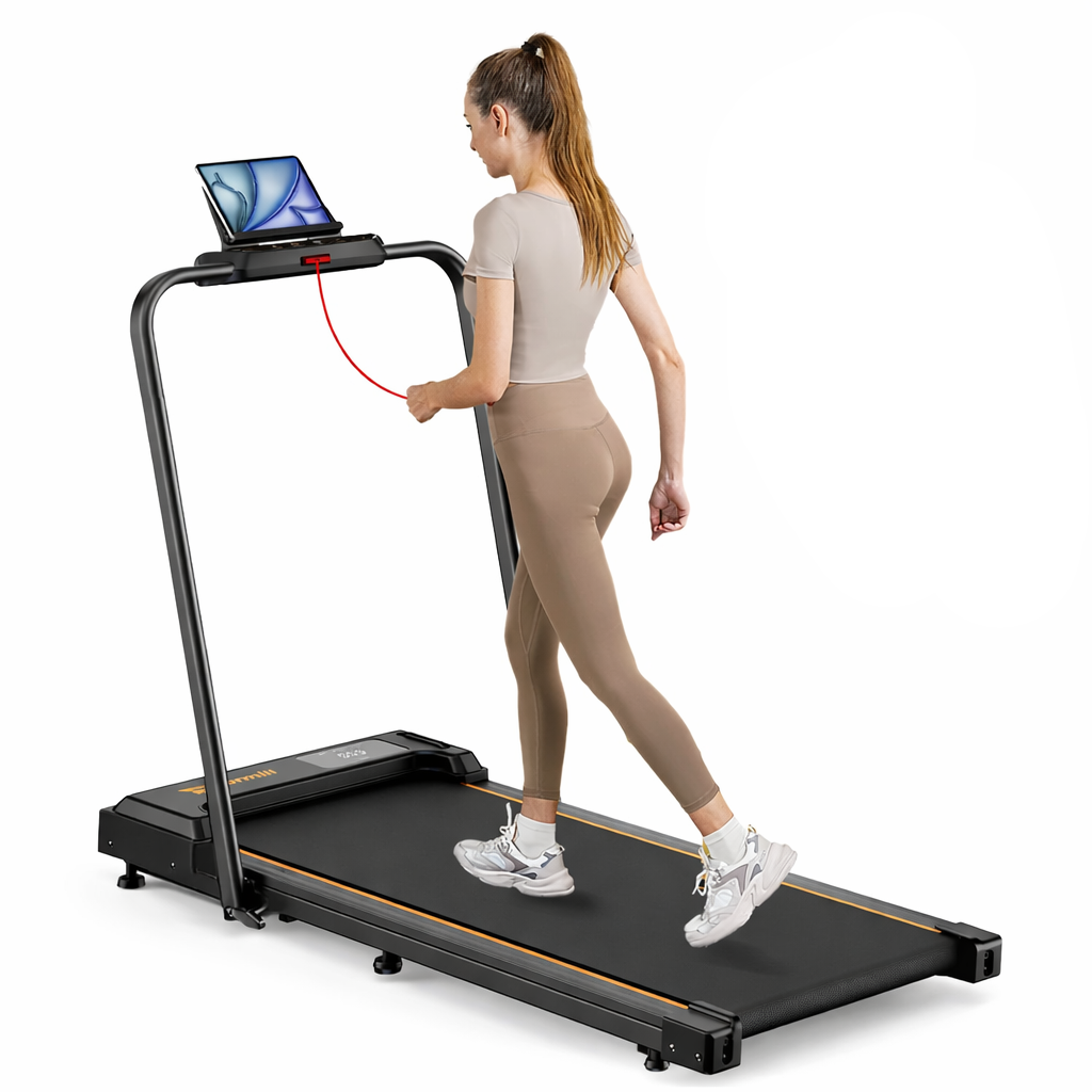 Femme utilisant le tapis de course 2-en-1 RunVia W05 à 10 km/h avec support tablette, idéal pour le cardio à domicile.