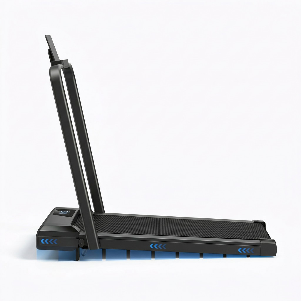 Vue de profil du tapis de course inclinable RUNVIA T01 noir, compact et conçu pour le sport à domicile.