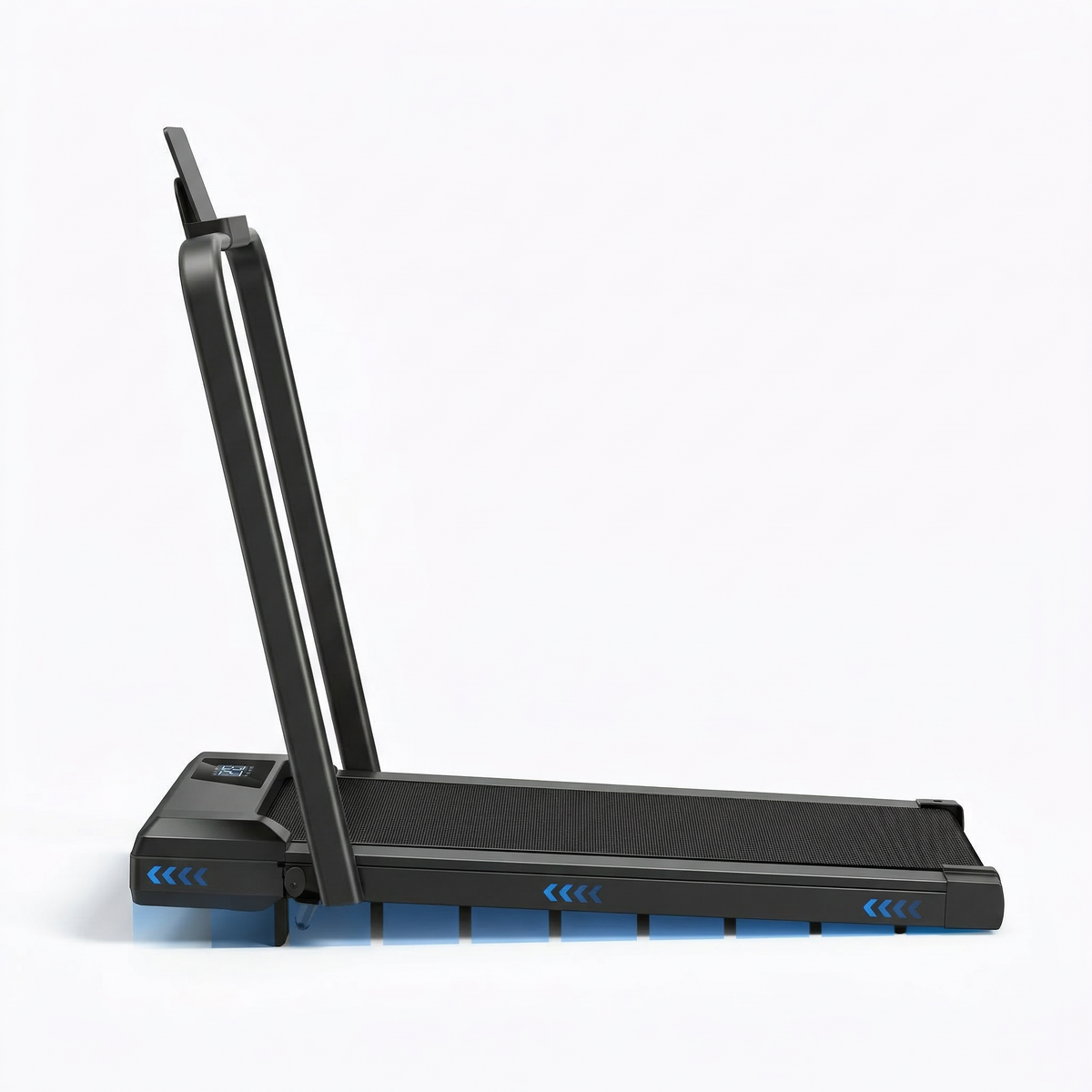 Vue de profil du tapis de course inclinable RUNVIA T01 noir, compact et conçu pour le sport à domicile.