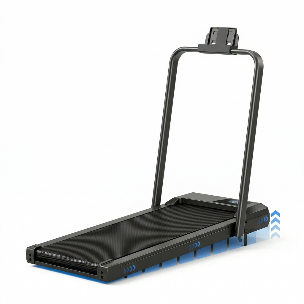 Tapis de course pliable RunVia T01 noir avec inclinaison , écran LCD et support pour smartphone.