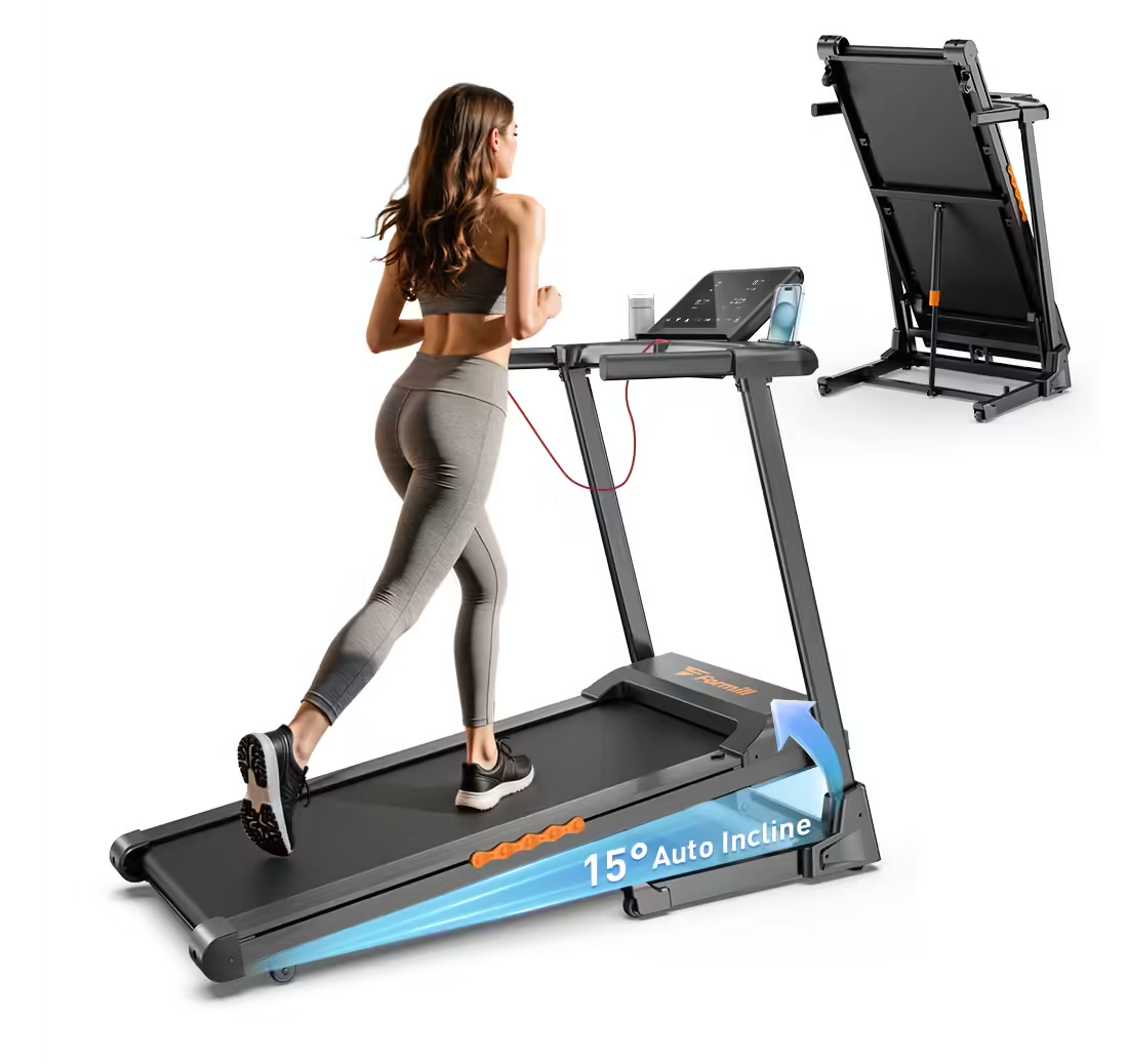 Tapis de course pliable RunVia T03 avec inclinaison automatique de 15% et support pour tablette, idéal pour le sport à domicile.