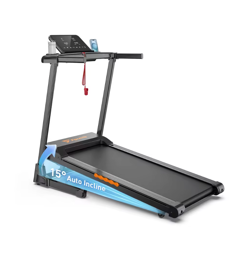 Console de bord du tapis de course RunVia T03 avec support tablette, écran LCD de suivi et boutons de réglage rapide de l'inclinaison.