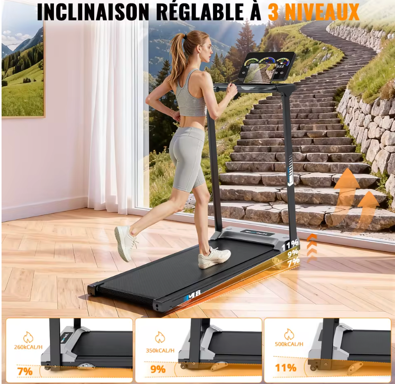 Tapis de Course Pliable Inclinable 11% jusqu'à 12 km/h – RunVia T04