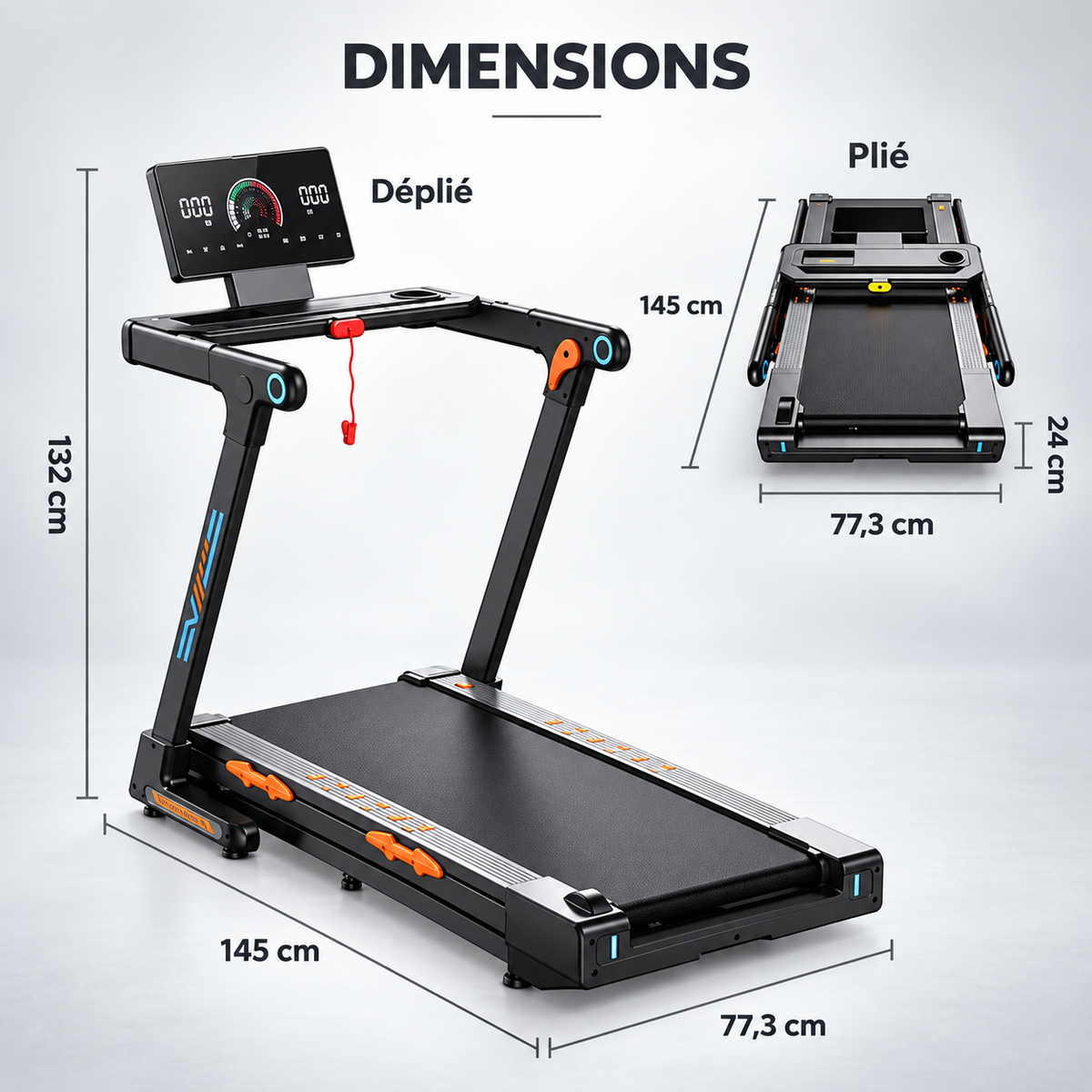 Dimensions du tapis de course pliable RUNVIA T10 : schéma indiquant 145 × 77,3 × 132 cm déplié et 145 × 77,3 × 24 cm plié.