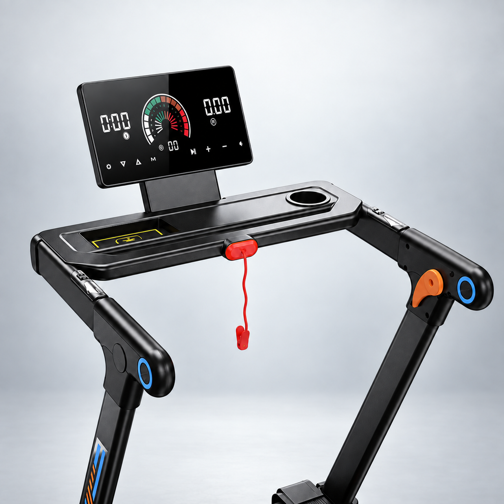 Écran tactile de tapis de course vu en gros plan, avec commandes sur les poignées, porte-gobelet et cordon de sécurité rouge du RUNVIA T10.