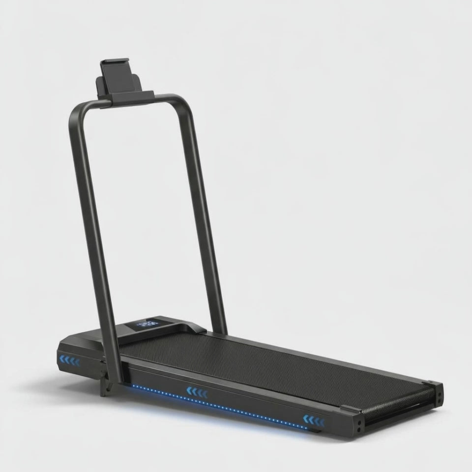 Vidéo 360° du tapis de course pliable RunVia T01 montrant le design compact, l'inclinaison automatique et le support tablette sous tous les angles.