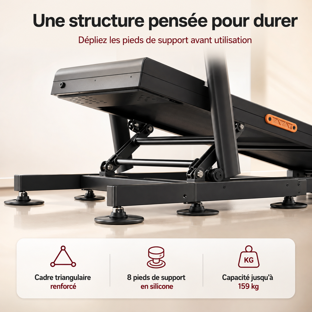 Structure renforcée et pieds de support du tapis de course inclinable RunVia T08