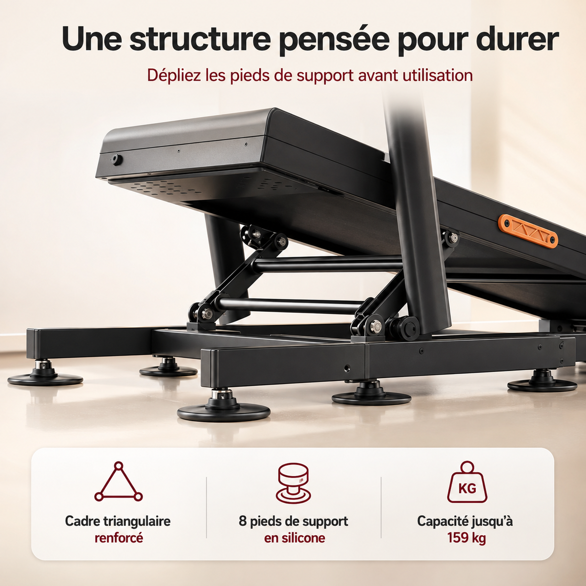 Structure renforcée et pieds de support du tapis de course inclinable RunVia T08