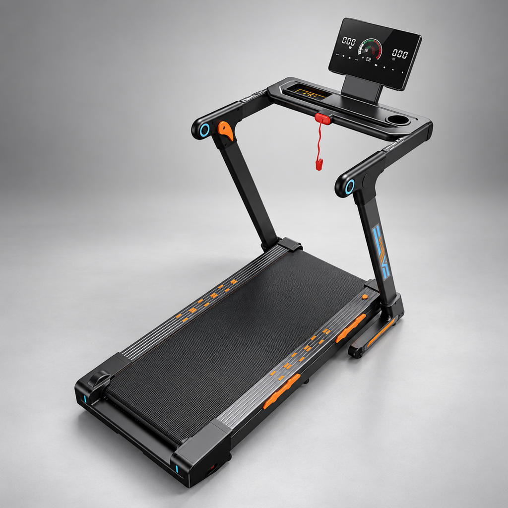 Surface de course de 120 × 46 cm vue en plongée, avec bande de roulement, repose-pieds latéraux et console du tapis RUNVIA T10.