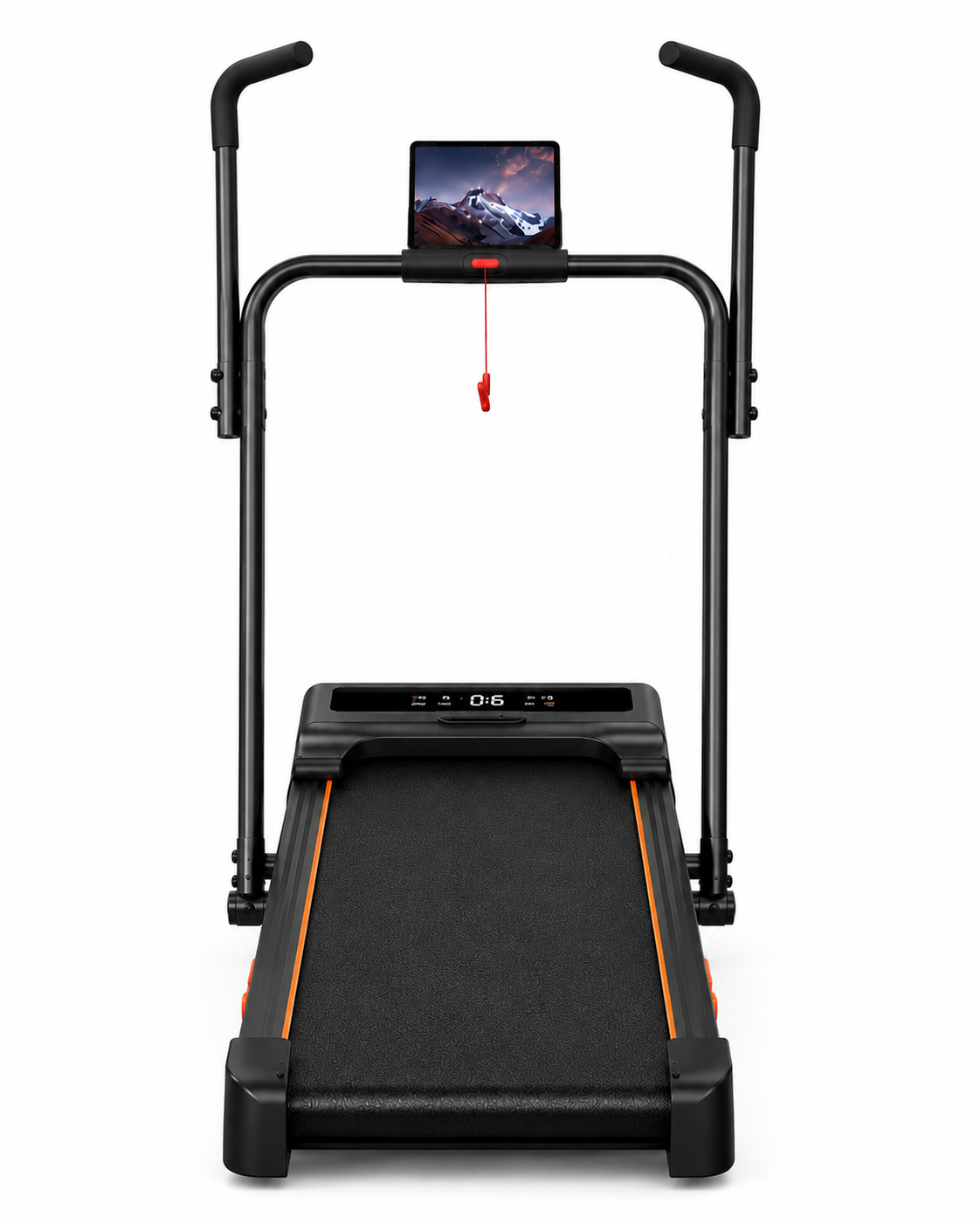 Tapis de course pour appartement RunVia T08 vu de face avec support smartphone