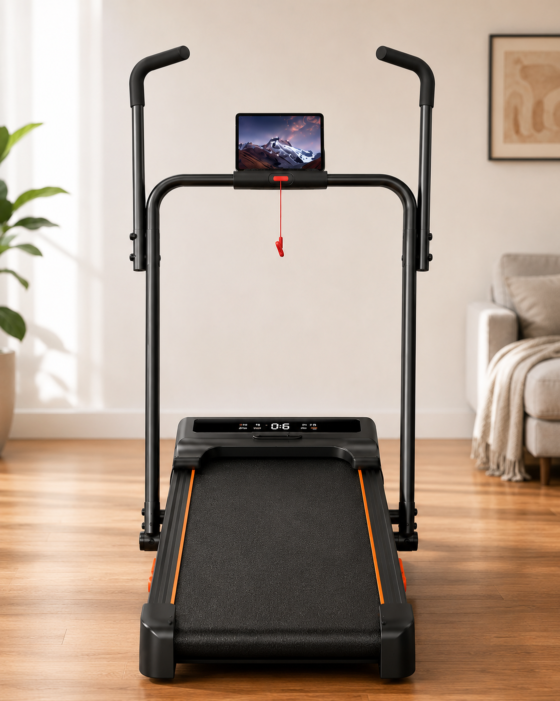 Tapis de course compact RunVia T08 installé dans un appartement avec tablette Image