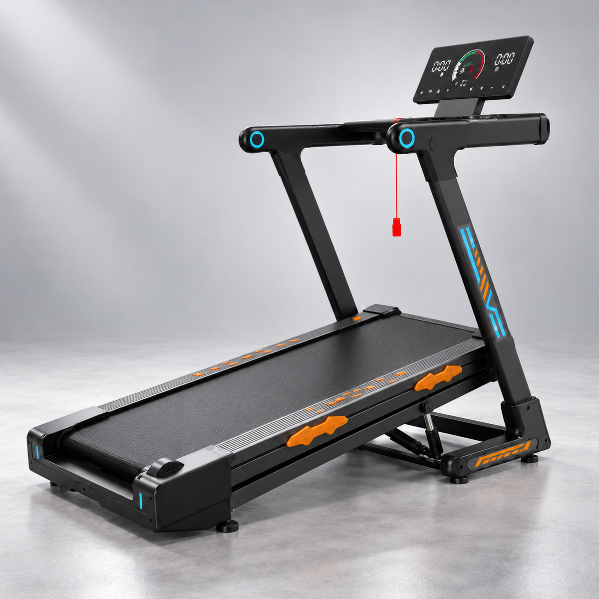 Tapis de course à inclinaison automatique jusqu’à 24 %, vu de trois quarts avec le mécanisme de levage visible sous la bande : RUNVIA T10. Image