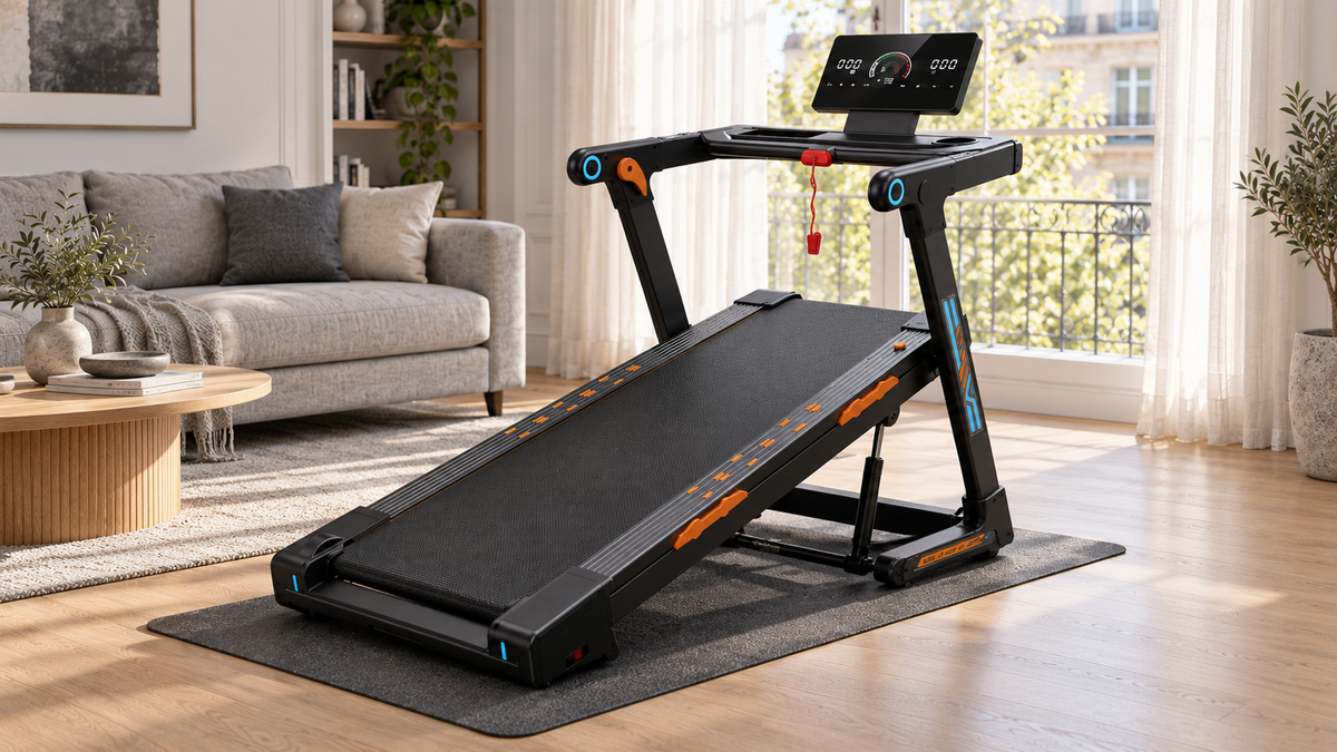 Tapis de course inclinable installé sur un tapis de protection dans un salon lumineux près d’un canapé, avec bande relevée : RUNVIA T10.