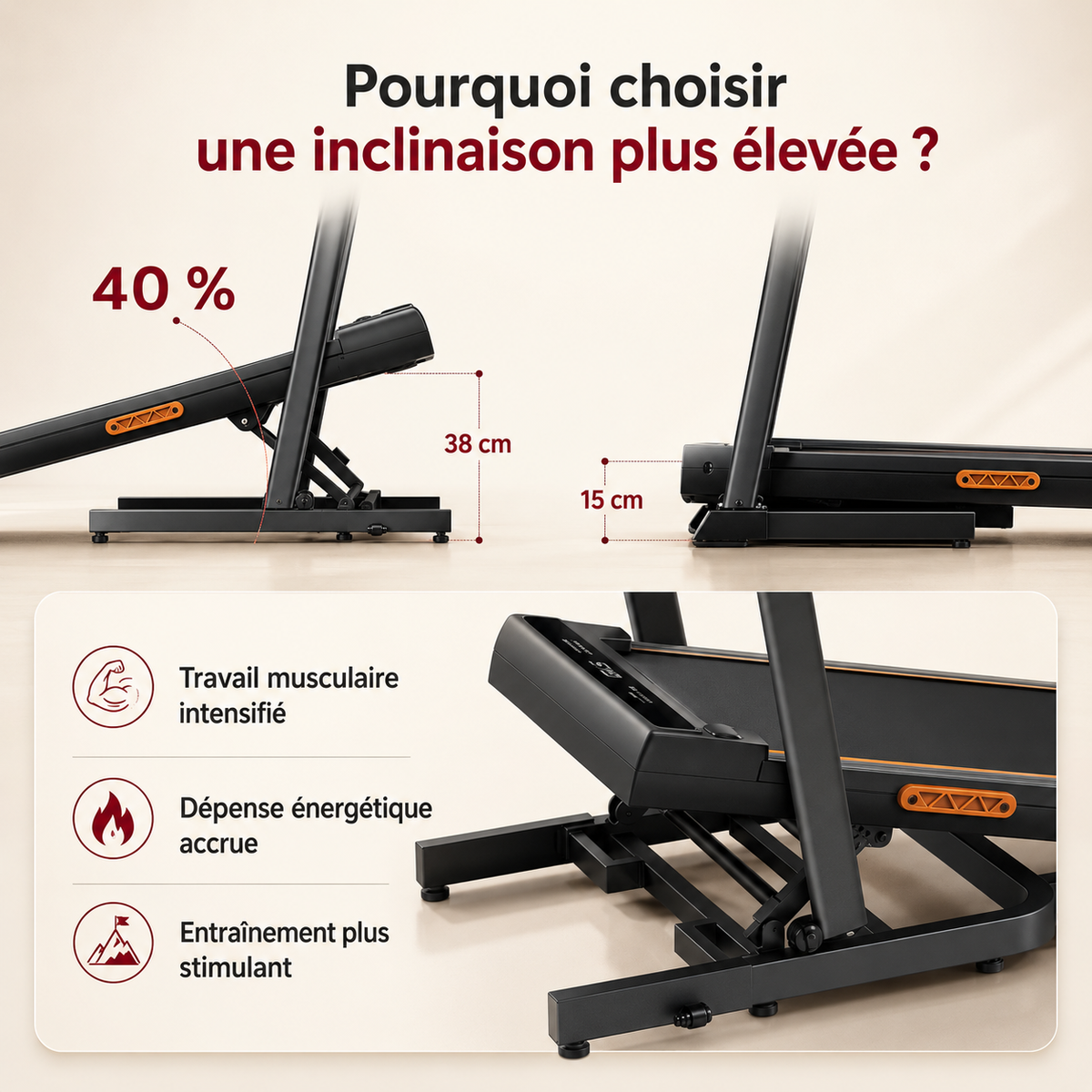 Inclinaison jusqu’à 40 % du tapis de course RunVia T08 pour un entraînement à domicile