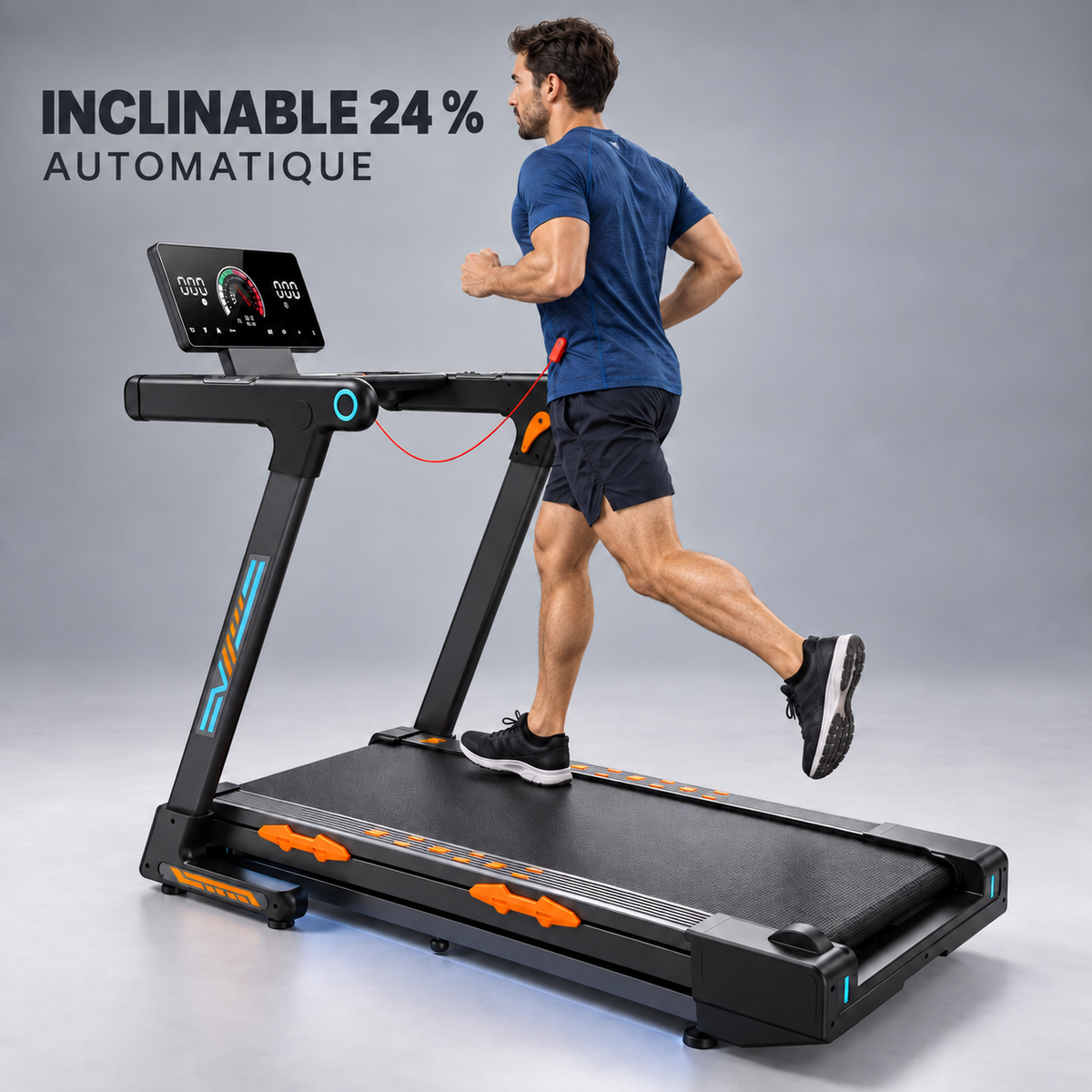Tapis de course à inclinaison automatique présenté avec un homme courant, cordon de sécurité attaché, et la mention « Inclinable 24 % » : RUNVIA T10.