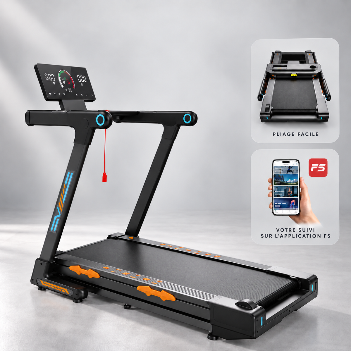 Tapis de course pliable connecté à FitShow, présenté déplié avec deux encarts montrant le pliage et le suivi sur smartphone : RUNVIA T10.