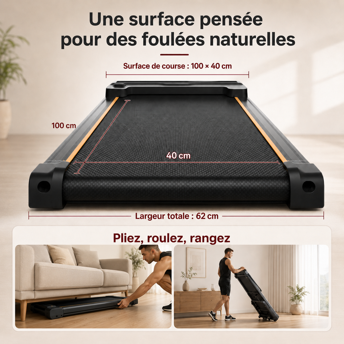 Tapis de course pliable RunVia T08 avec surface 100 × 40 cm et rangement facile