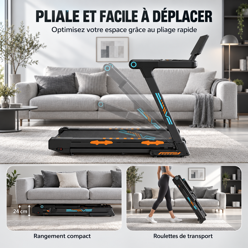 Tapis de course pliable illustré pendant le pliage, rangé sous un canapé avec une hauteur indiquée de 24 cm, puis déplacé sur roulettes : RUNVIA T10.