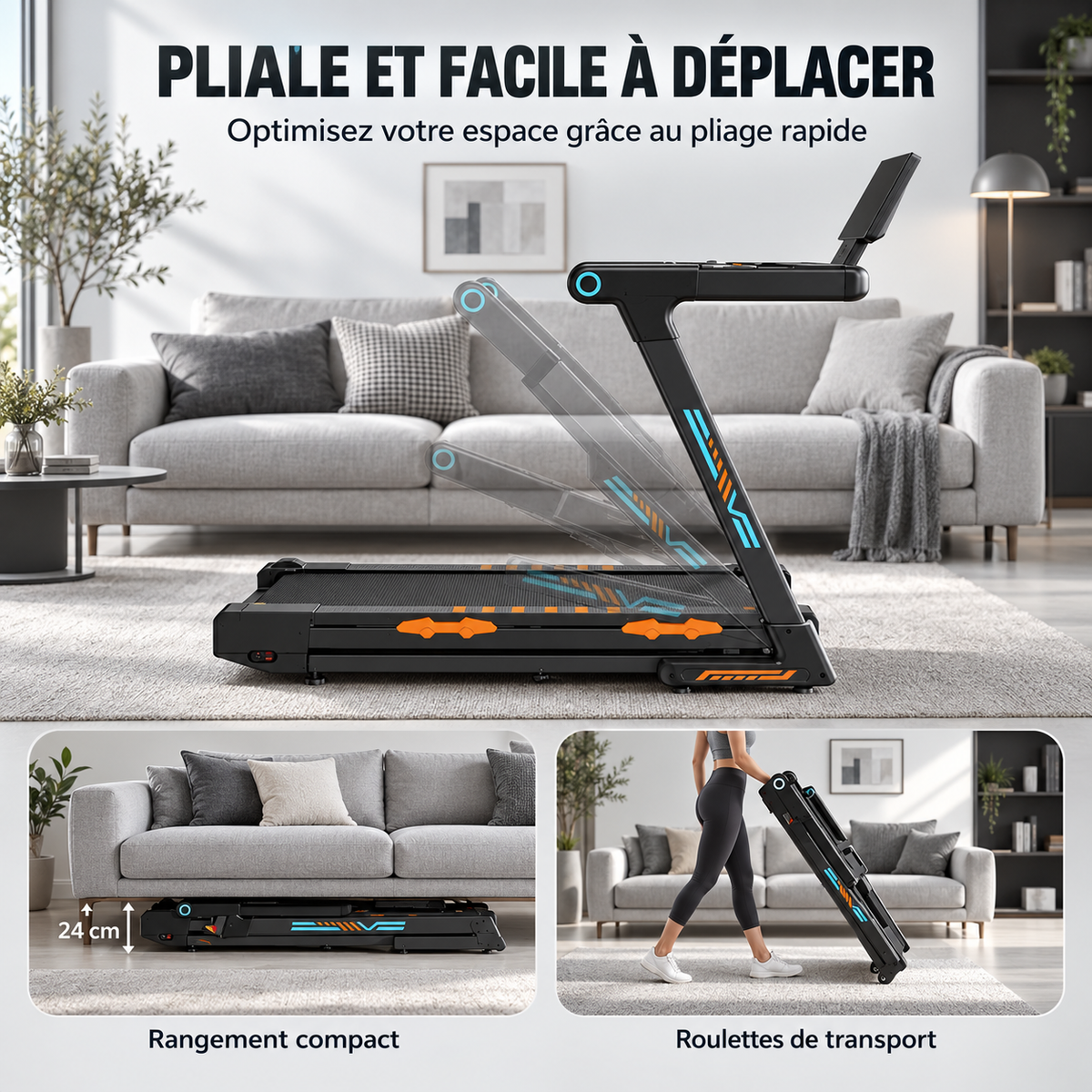 Tapis de course pliable illustré pendant le pliage, rangé sous un canapé avec une hauteur indiquée de 24 cm, puis déplacé sur roulettes : RUNVIA T10.