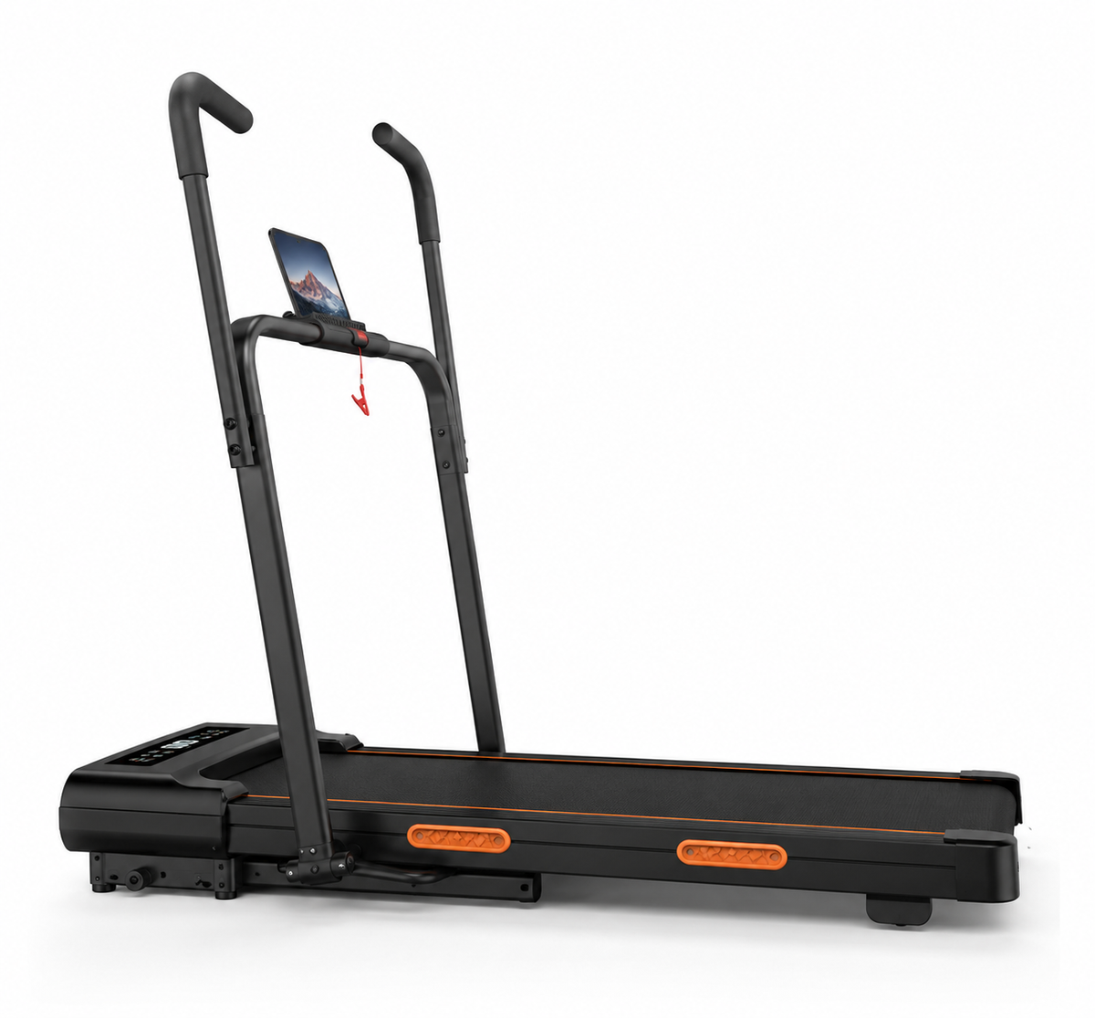 Vue de profil du tapis de course pliable RunVia T08 avec support pour tablette