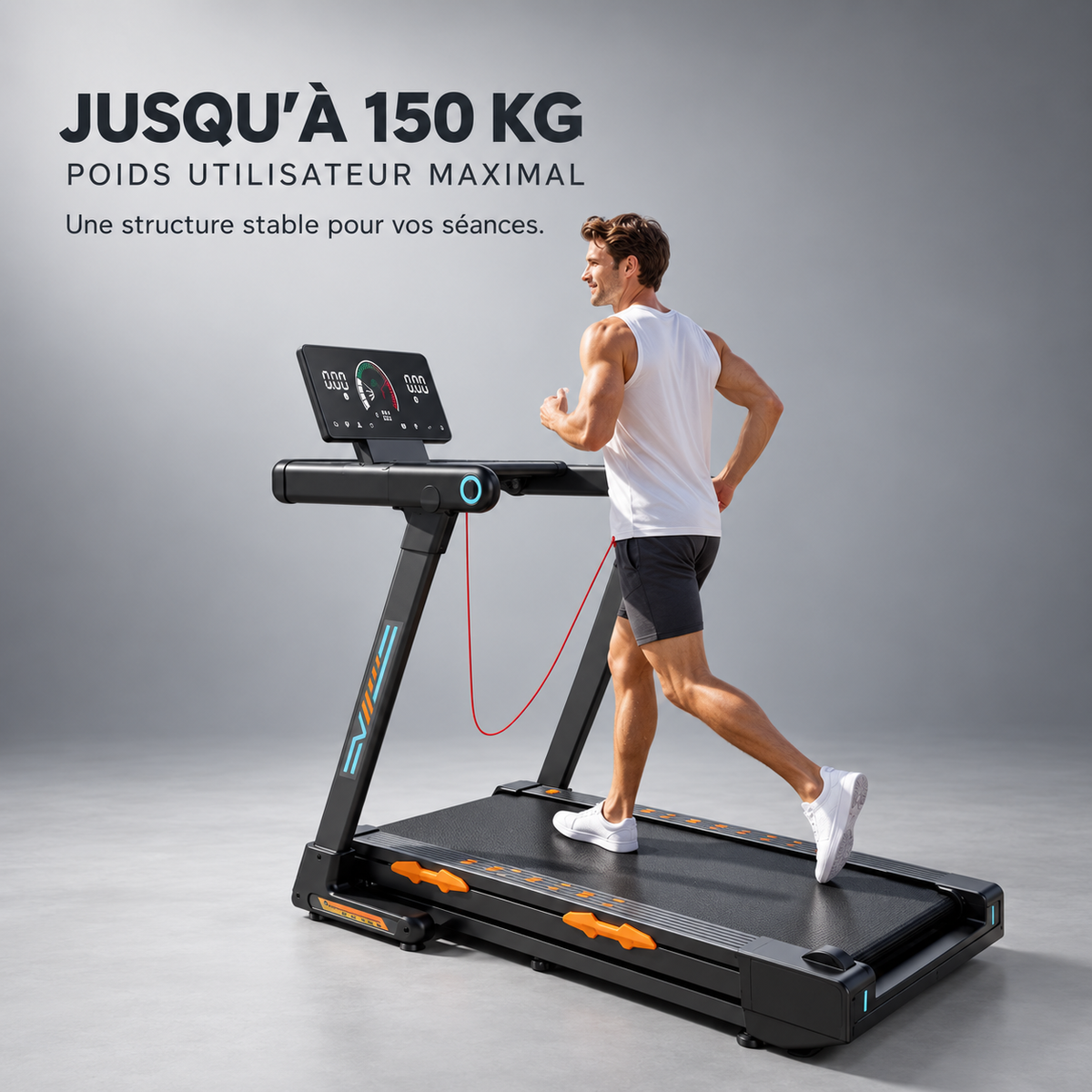 Tapis de course supportant jusqu’à 150 kg, présenté avec un homme en entraînement et la mention du poids utilisateur maximal : RUNVIA T10.