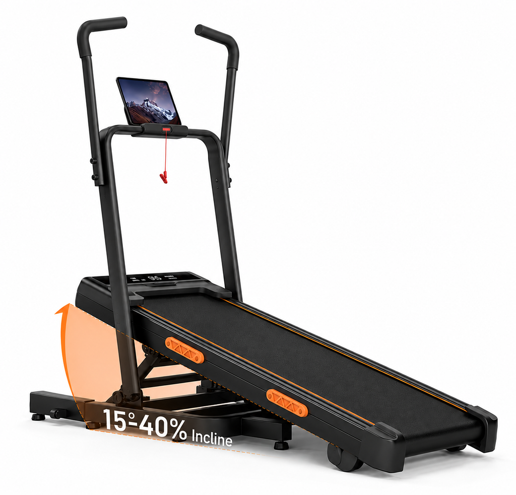 Tapis de course RunVia T08 en position inclinée jusqu’à 40 % avec support tablette