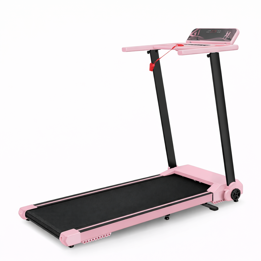 Tapis de course pliable rose RunVia avec console LCD et capteurs de pouls, équipement de sport compact et design pour appartement
