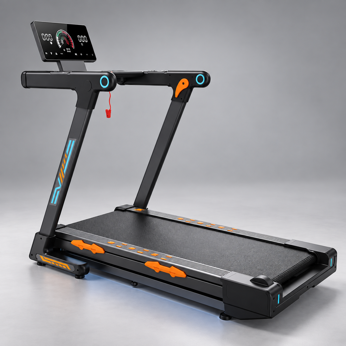 Tapis de marche et de course pliable présenté déplié sur fond gris, avec écran tactile et repose-pieds latéraux : RUNVIA T10.