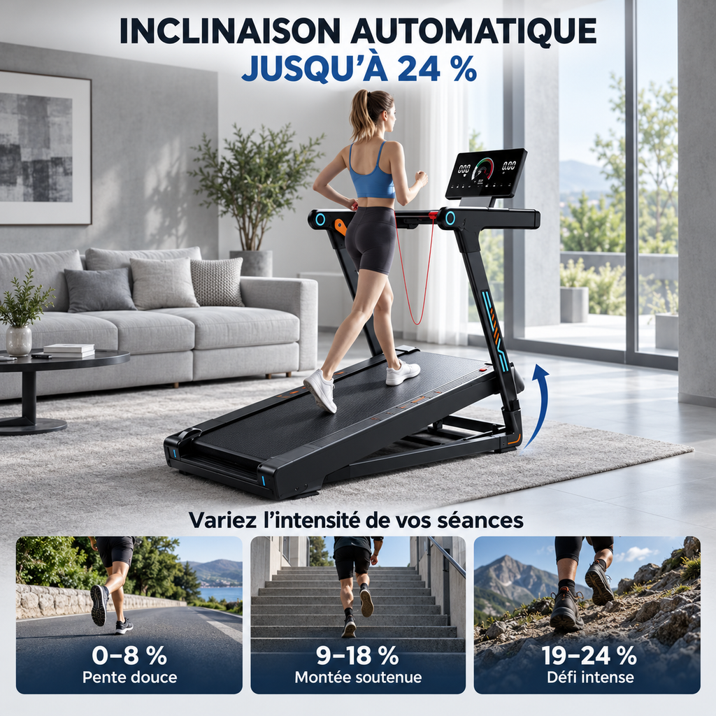 Tapis de marche inclinable utilisé par une femme dans un salon, avec les plages de pente illustrées 0–8 %, 9–18 % et 19–24 % : RUNVIA T10.