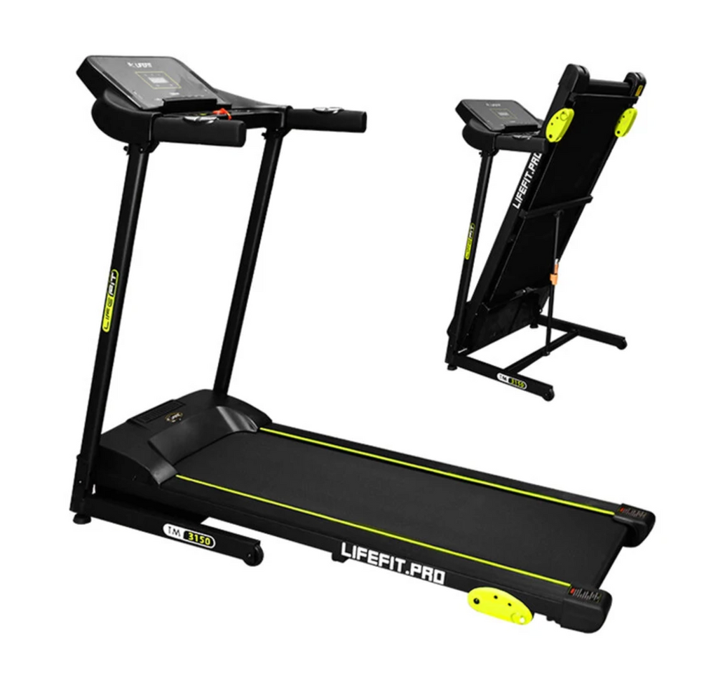 Tapis de course RunVia T07 Connect+ noir avec bordures fluo, vitesse 12 km/h, inclinaison 10% et vue du système de pliage compact pour gain de place.
