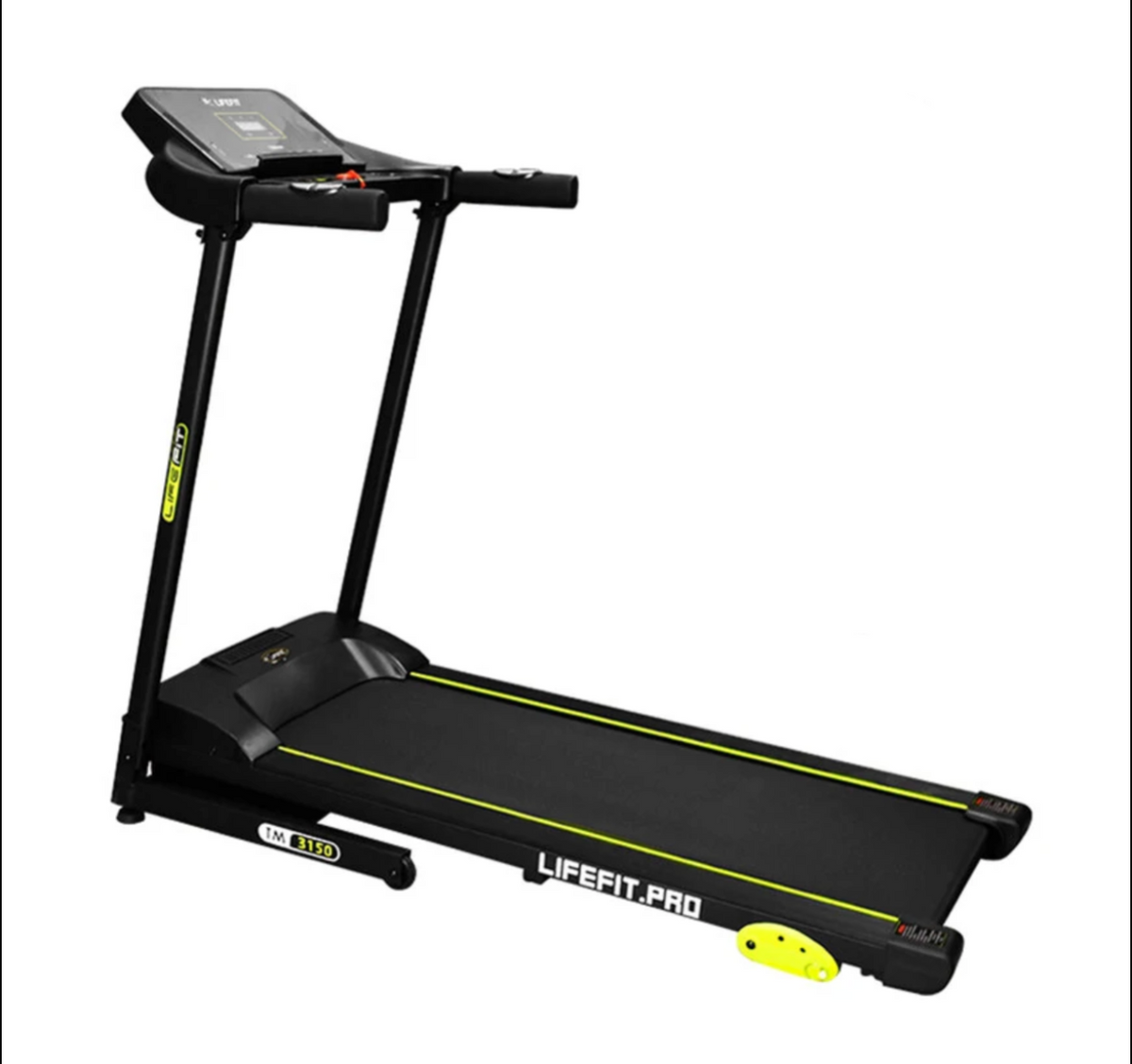 Tapis de course pliable RunVia T07 (max 12 km/h) avec inclinaison 10%. Vue combinée en utilisation cardio 